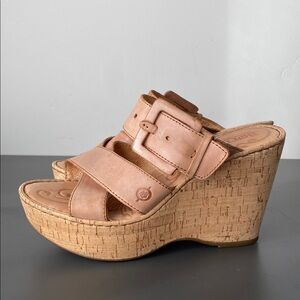Born Tan Leather & Cork Large Buckle Sandals Sz 9 Boho Chic Cottage Beach Preppy